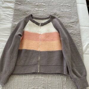 Retro Stripe zip Cardigan Sweater Jacket Peachy Pink Grey bomber cut